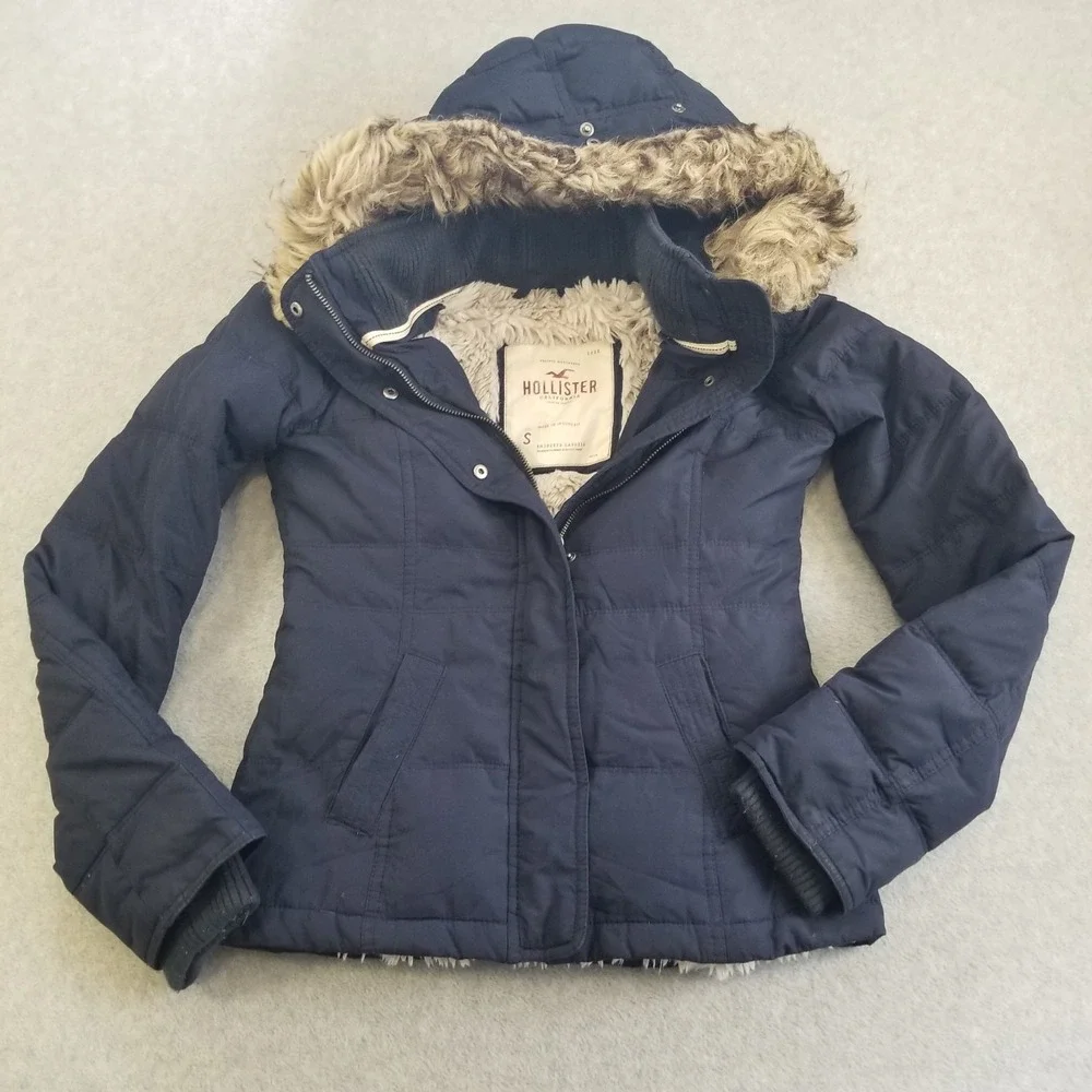 Y2K Hollister Jacket Womens Small Blue Faux Fur Hooded Down Coat Vintage Sherpa